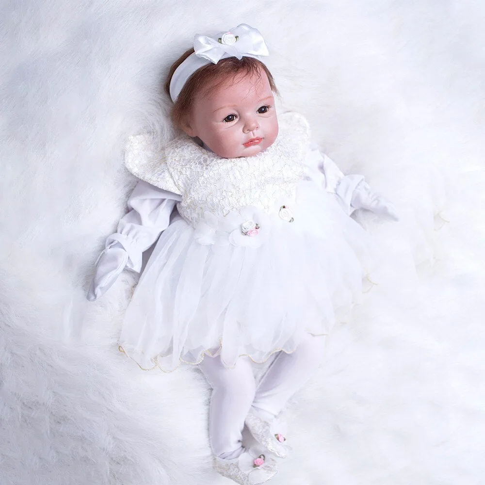 22 inch Newborn Dolls Lifelike Bebe 55cm Reborn Dolls White Dress Princess Silicone Baby Realistic Doll Kids Playmates (White)