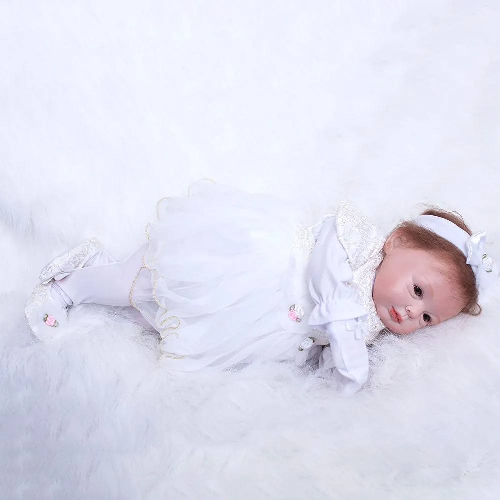 22 inch Newborn Dolls Lifelike Bebe 55cm Reborn Dolls White Dress Princess Silicone Baby Realistic Doll Kids Playmates (White)