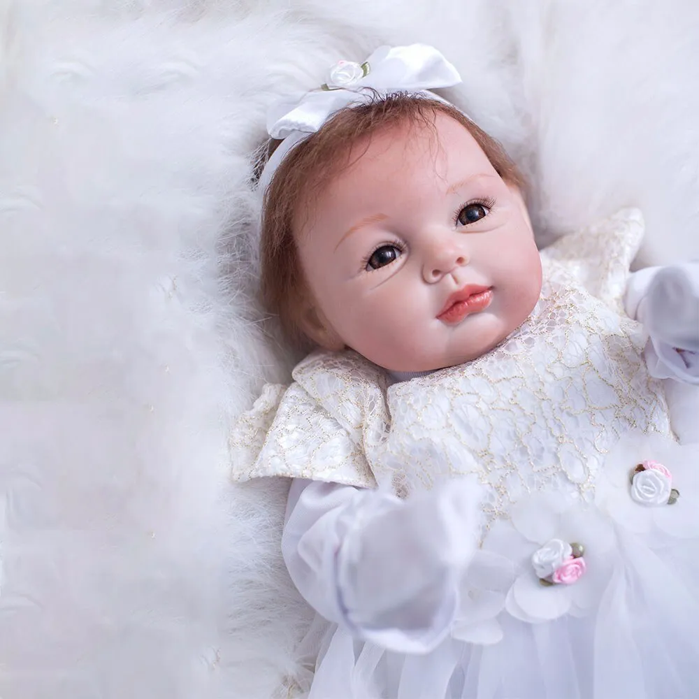 22 inch Newborn Dolls Lifelike Bebe 55cm Reborn Dolls White Dress Princess Silicone Baby Realistic Doll Kids Playmates (White)