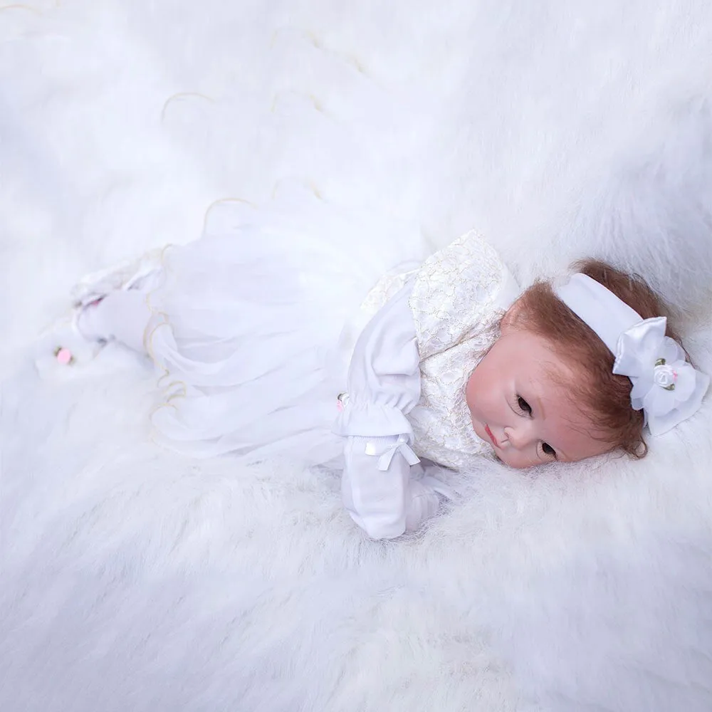 22 inch Newborn Dolls Lifelike Bebe 55cm Reborn Dolls White Dress Princess Silicone Baby Realistic Doll Kids Playmates (White)