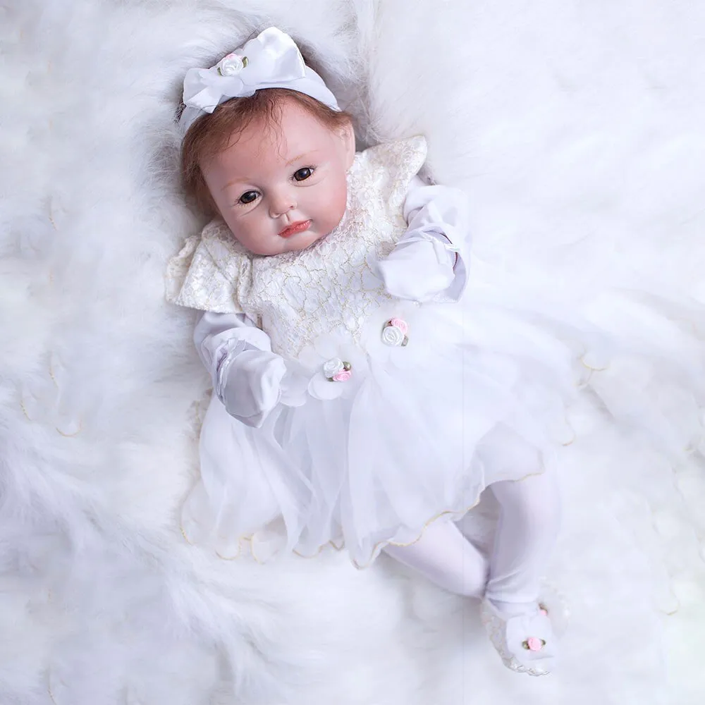 22 inch Newborn Dolls Lifelike Bebe 55cm Reborn Dolls White Dress Princess Silicone Baby Realistic Doll Kids Playmates (White)