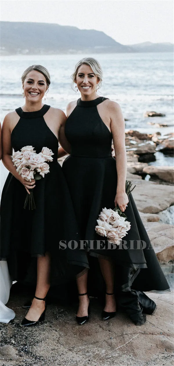 A-line High-low Halter Sleeveless Long Black Bridesmaid Dresses, BD1121