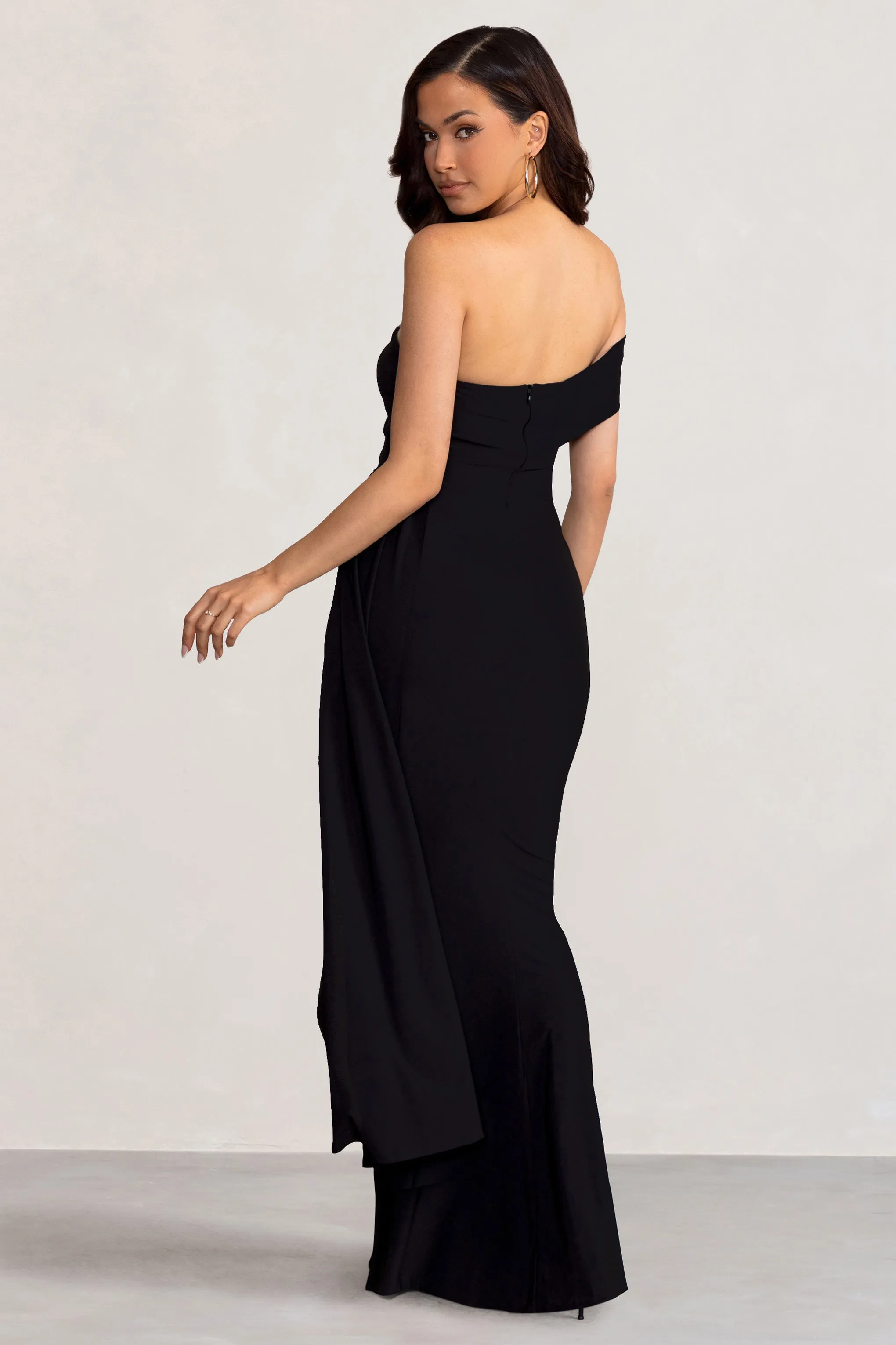 Aaliyah | Black Asymmetric Bardot Maxi Dress with Drape