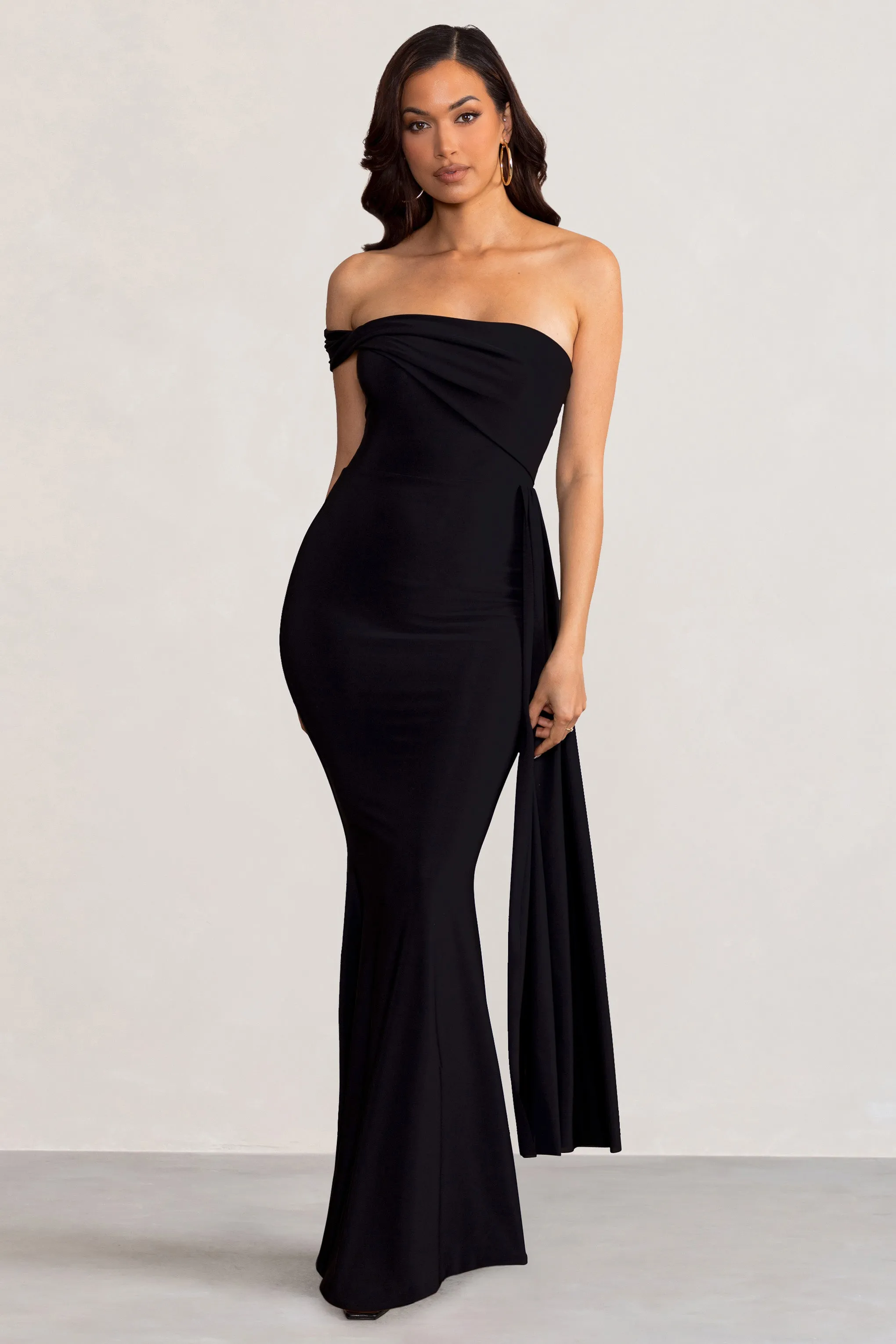 Aaliyah | Black Asymmetric Bardot Maxi Dress with Drape