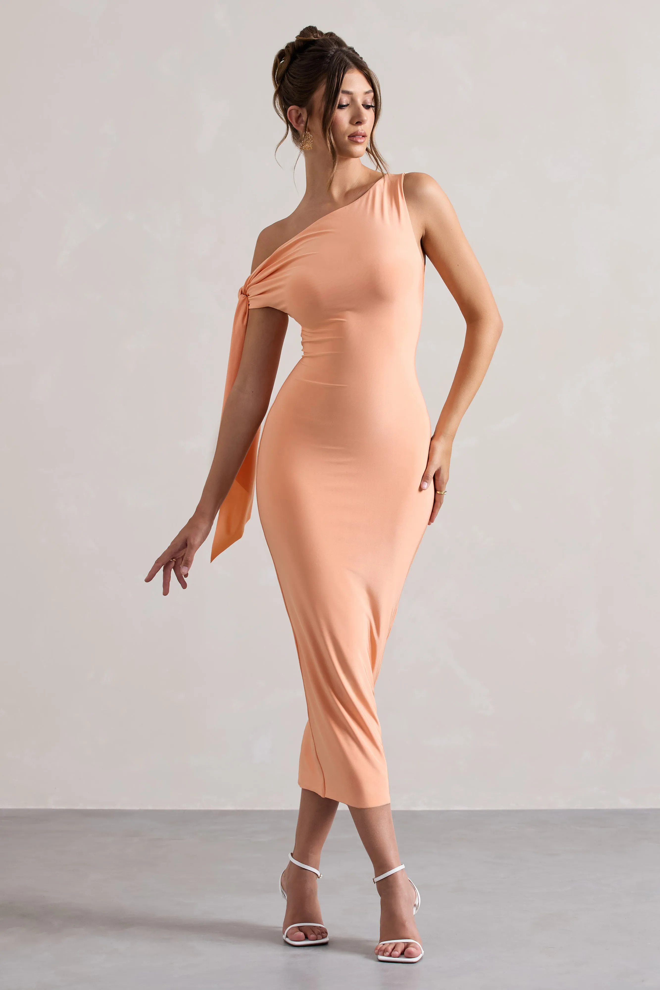 Adapt | Coral Asymmetric Midi Dress With Tie Sleeve