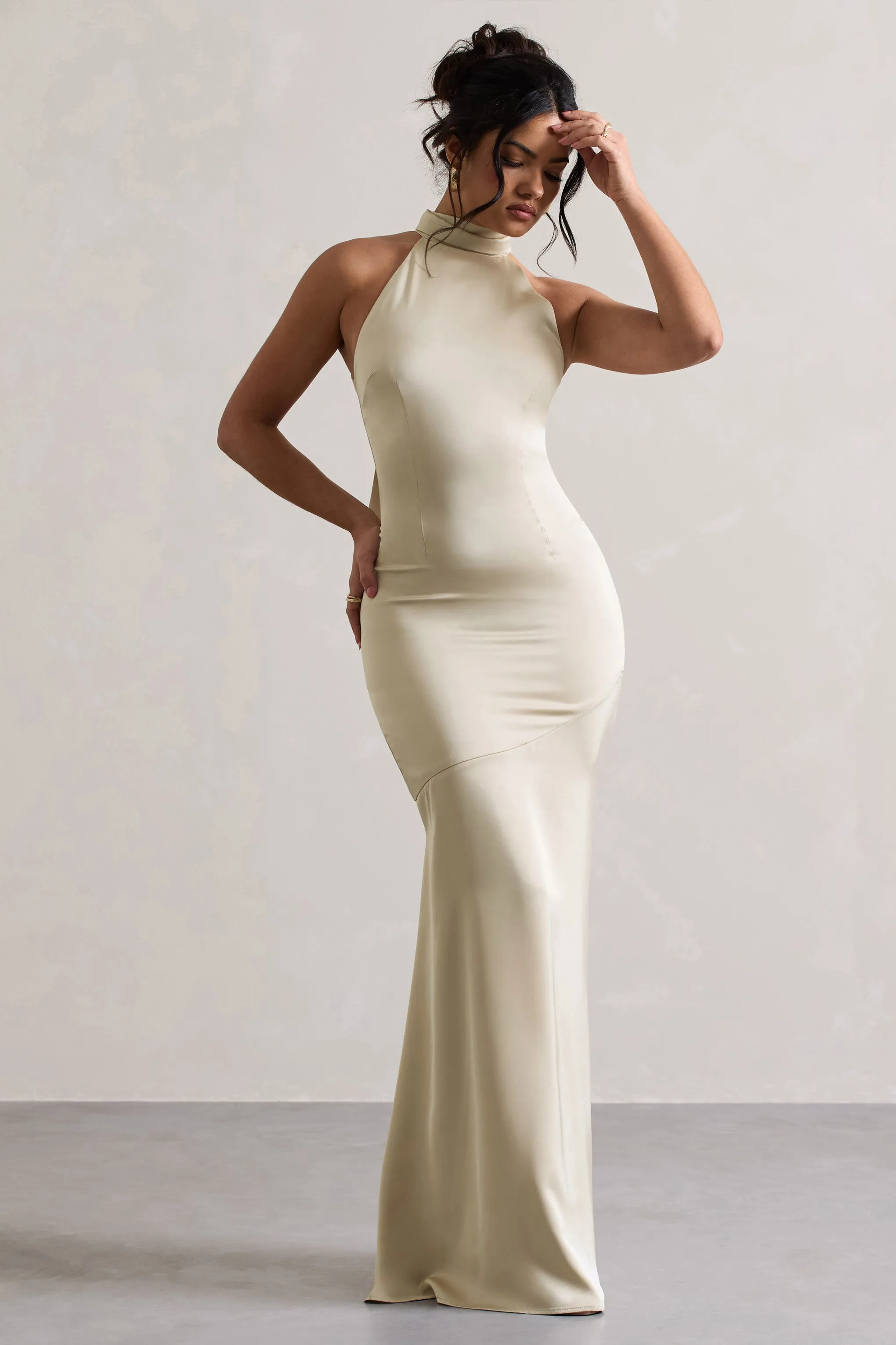 Adoria | Champagne Satin High-Neck Maxi Dress