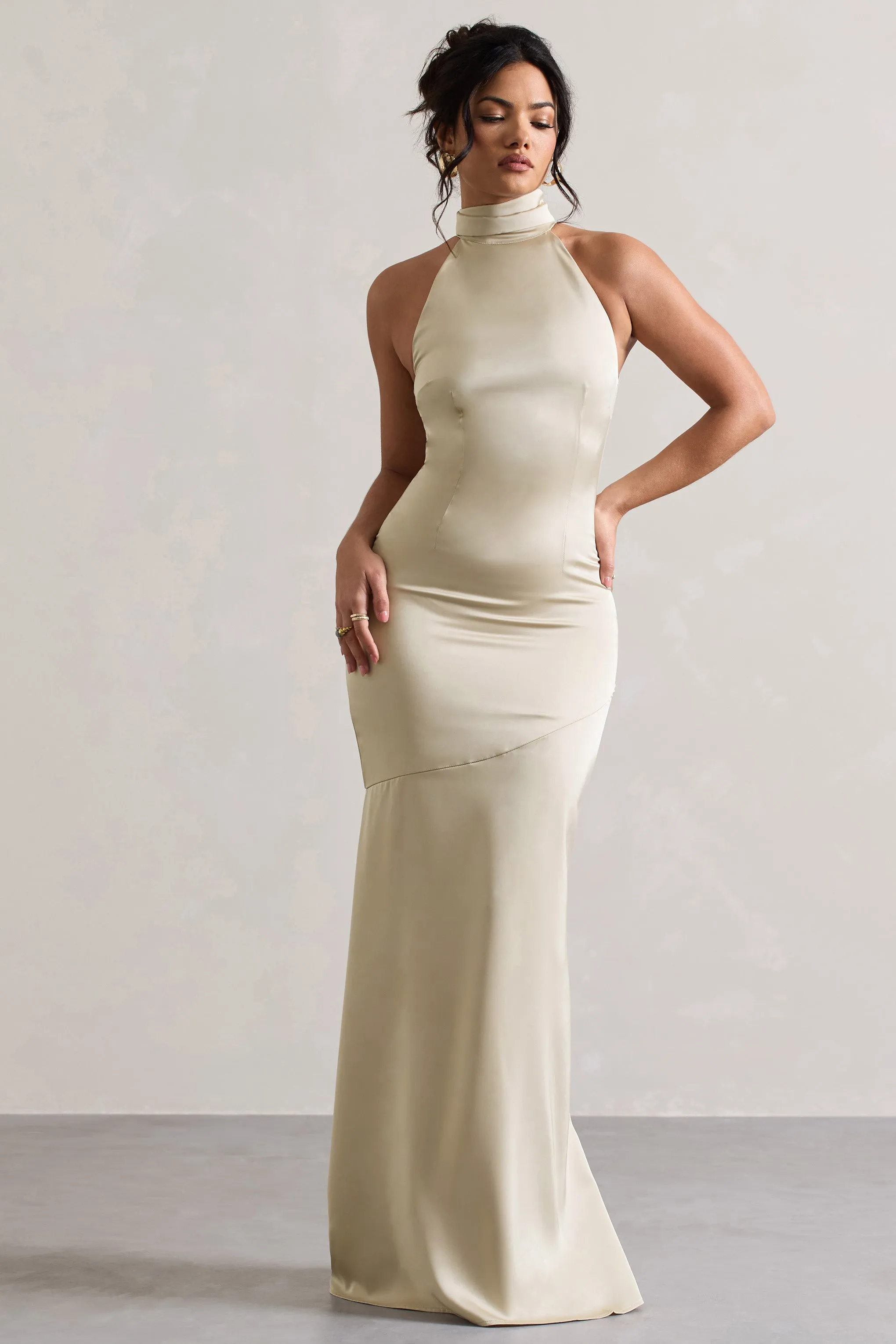 Adoria | Champagne Satin High-Neck Maxi Dress