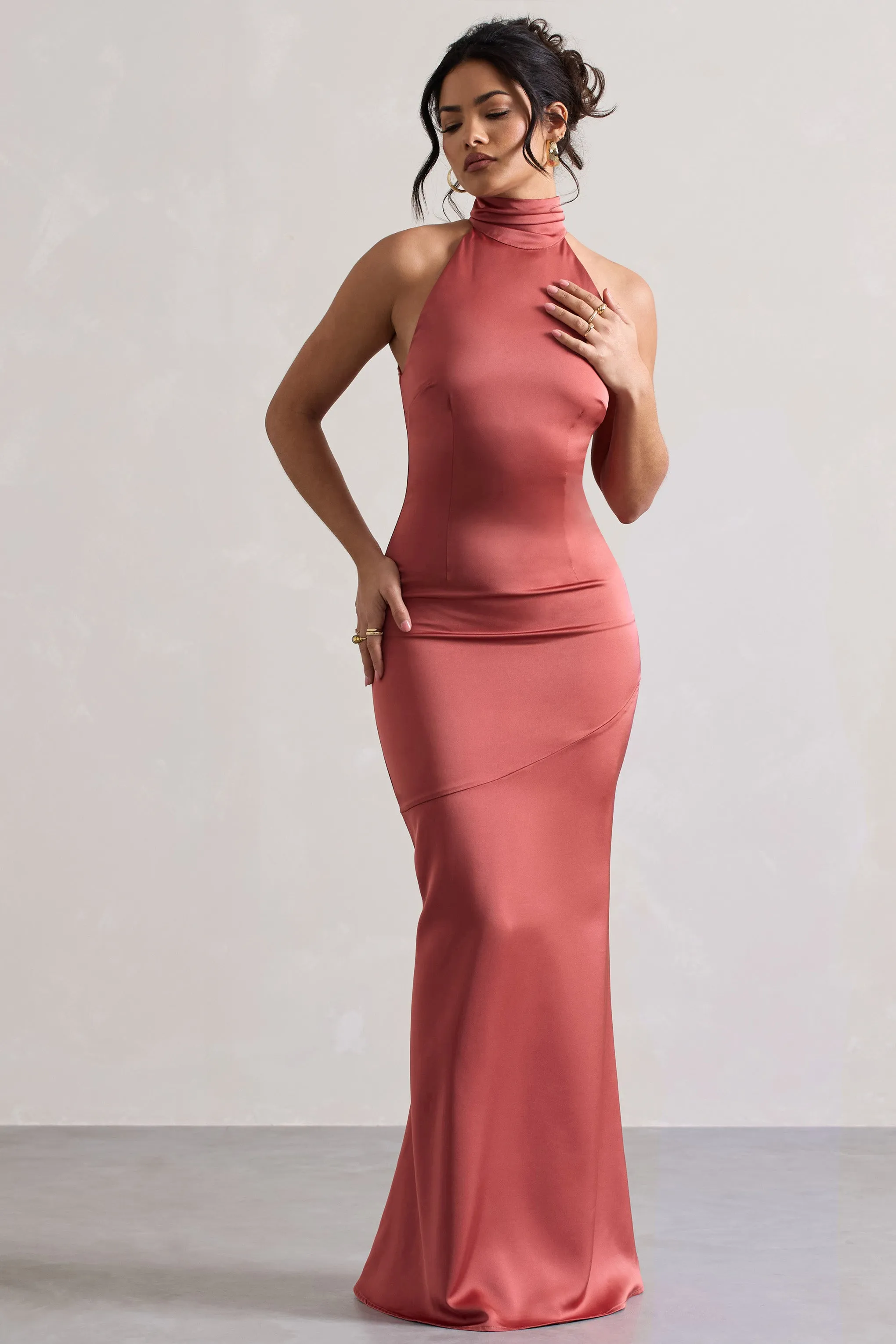 Adoria | Vintage Berry Satin High-Neck Maxi Dress