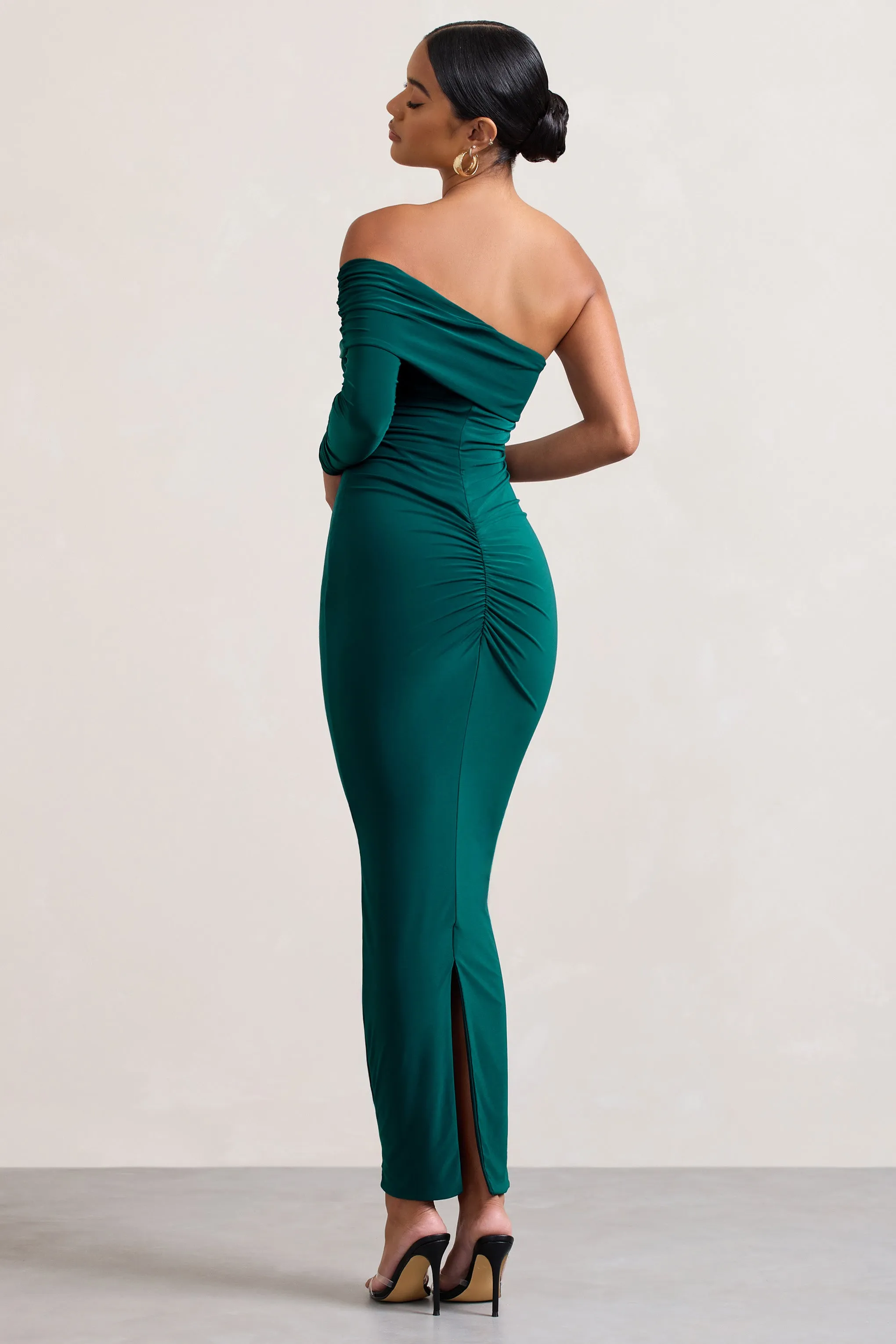 Afterparty | Bottle Green Ruched Asymmetric Bodycon Maxi Dress