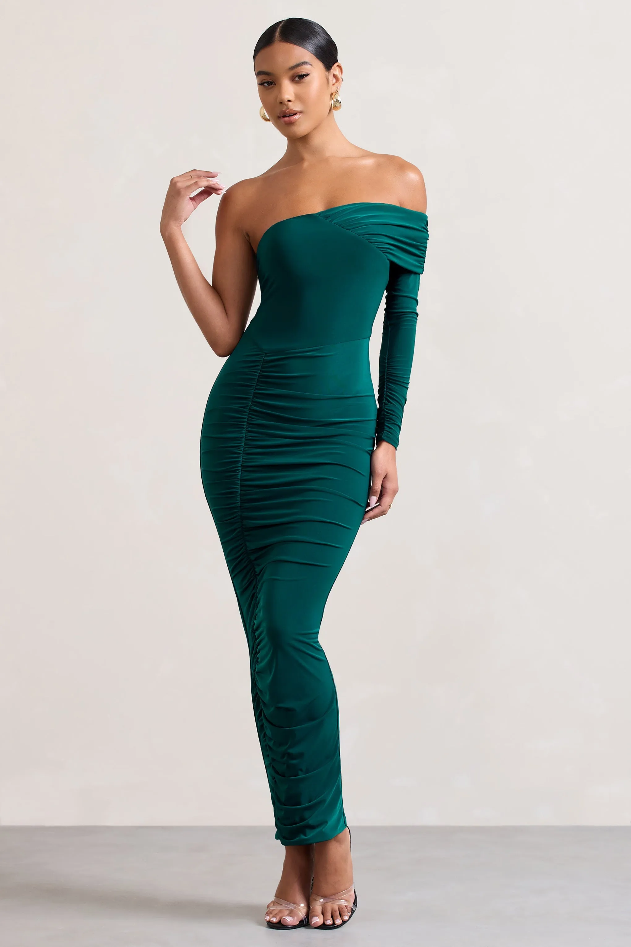 Afterparty | Bottle Green Ruched Asymmetric Bodycon Maxi Dress