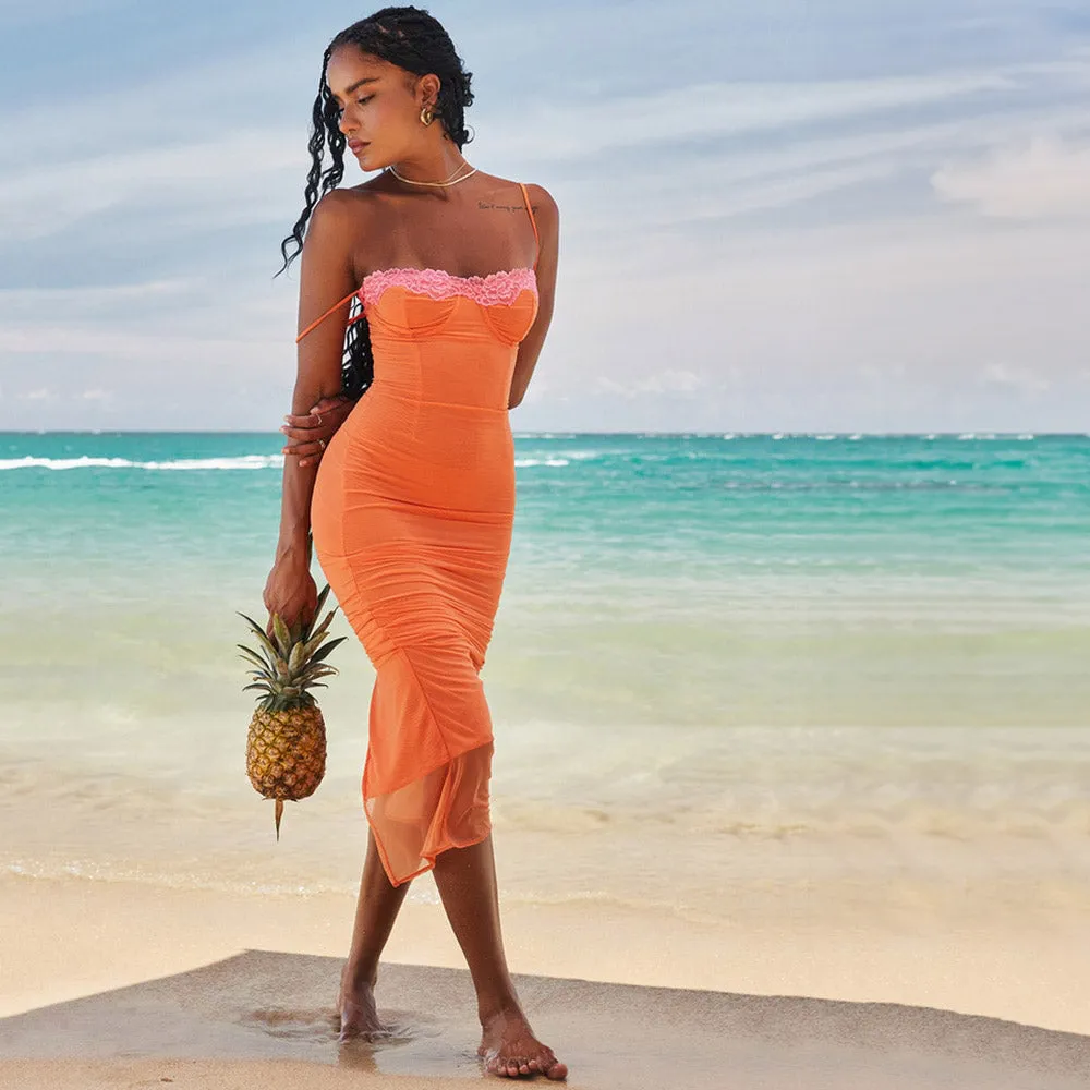 AKEMI ORANGE BODYCON MAXI Dress with STRAPS