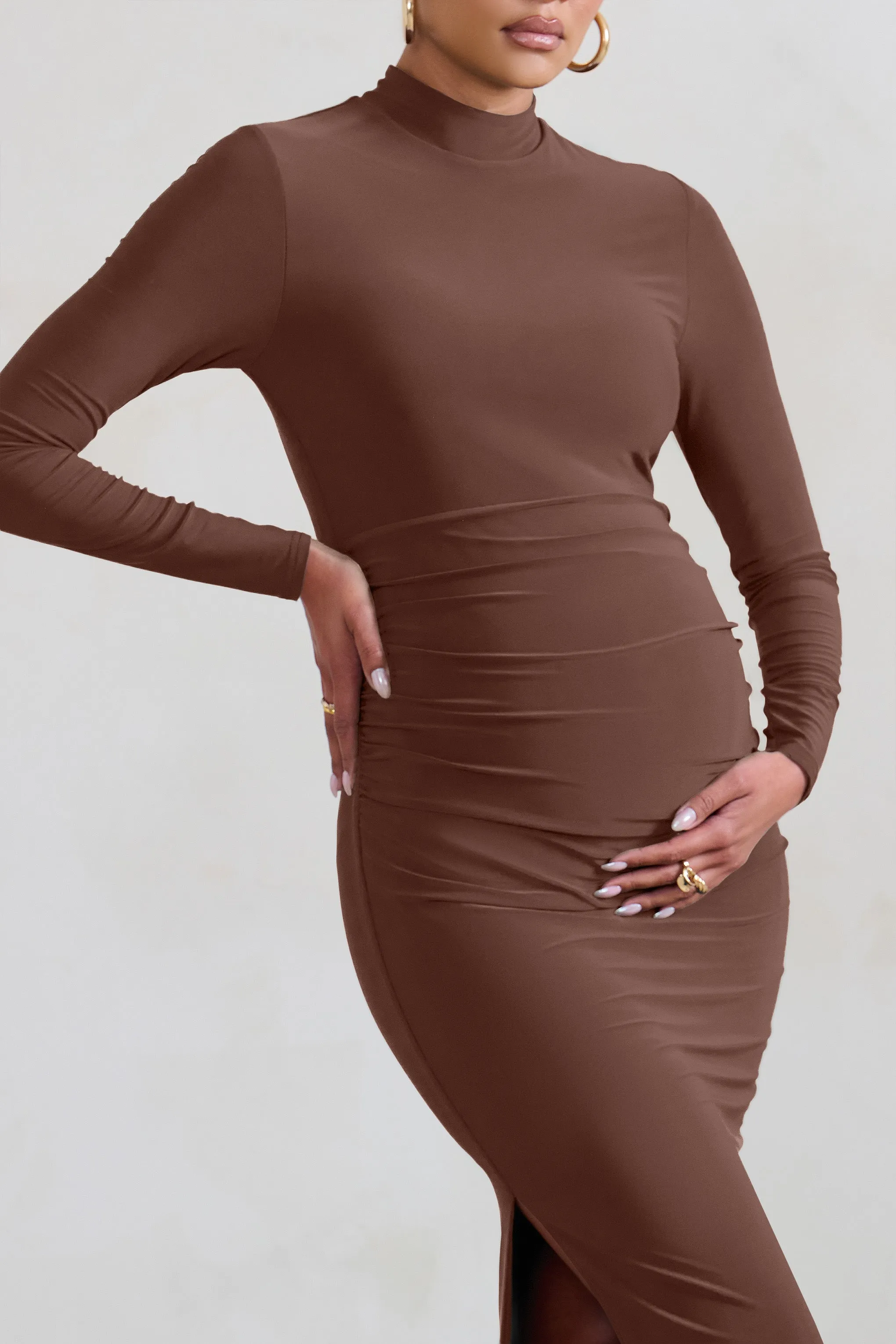 Alejandra | Brown Maternity Long Sleeve High Neck Maxi Dress