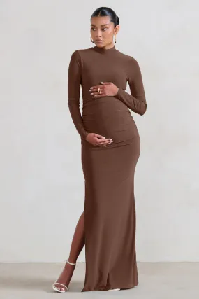 Alejandra | Brown Maternity Long Sleeve High Neck Maxi Dress