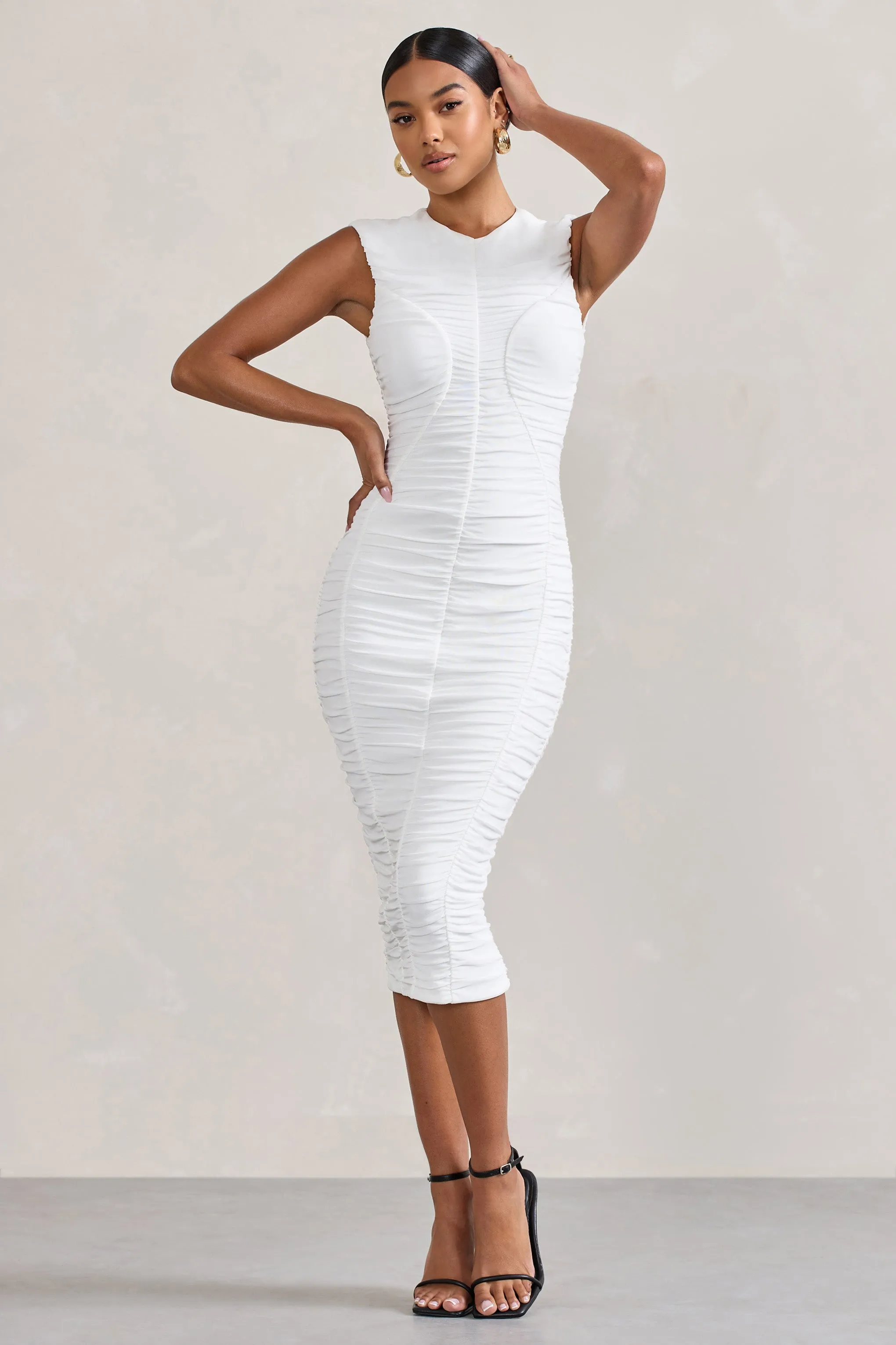 Alight  | White Ruched Mesh Sleeveless Bodycon Midi Dress