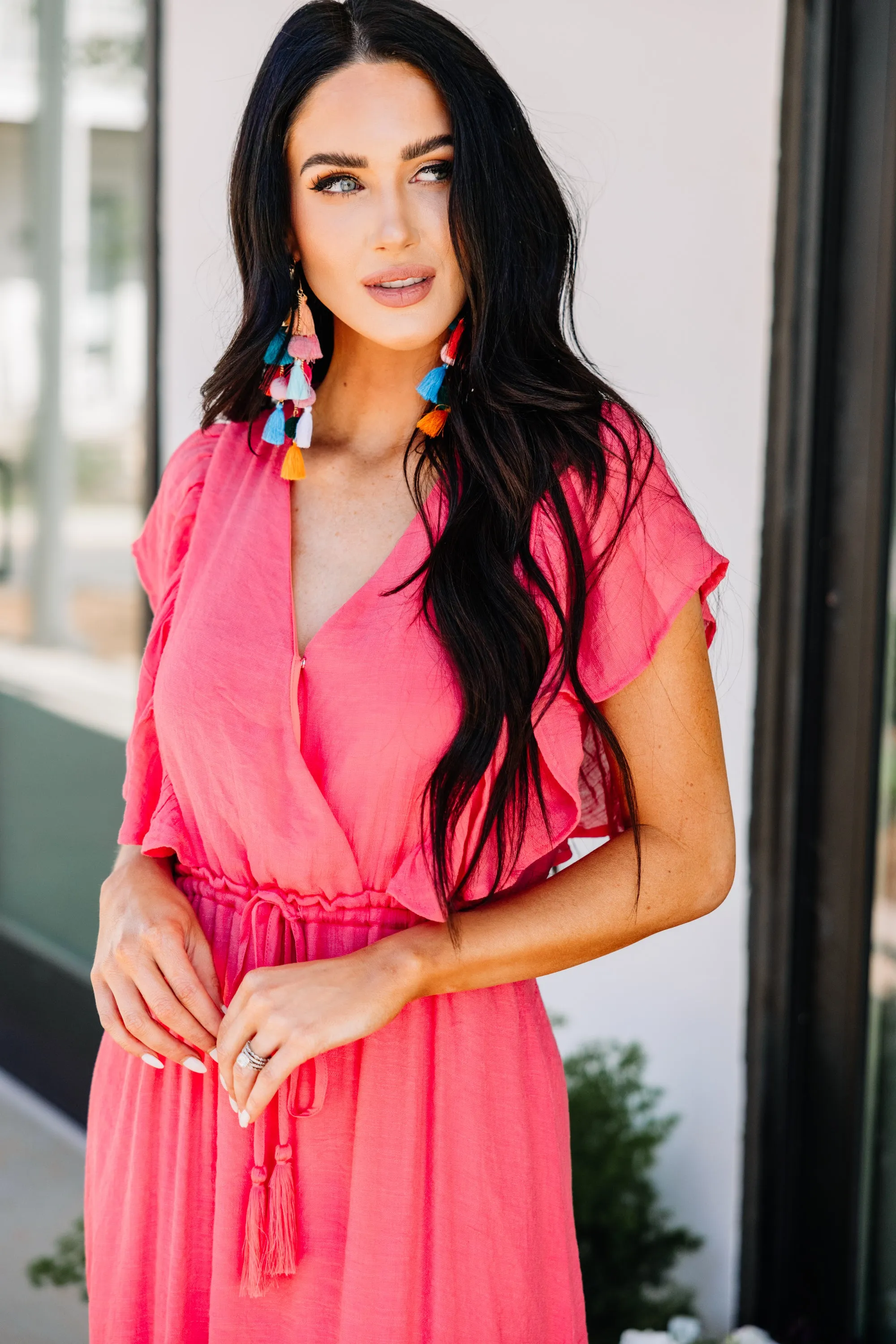 All For Fun Coral Pink Ruffled Maxi Dress