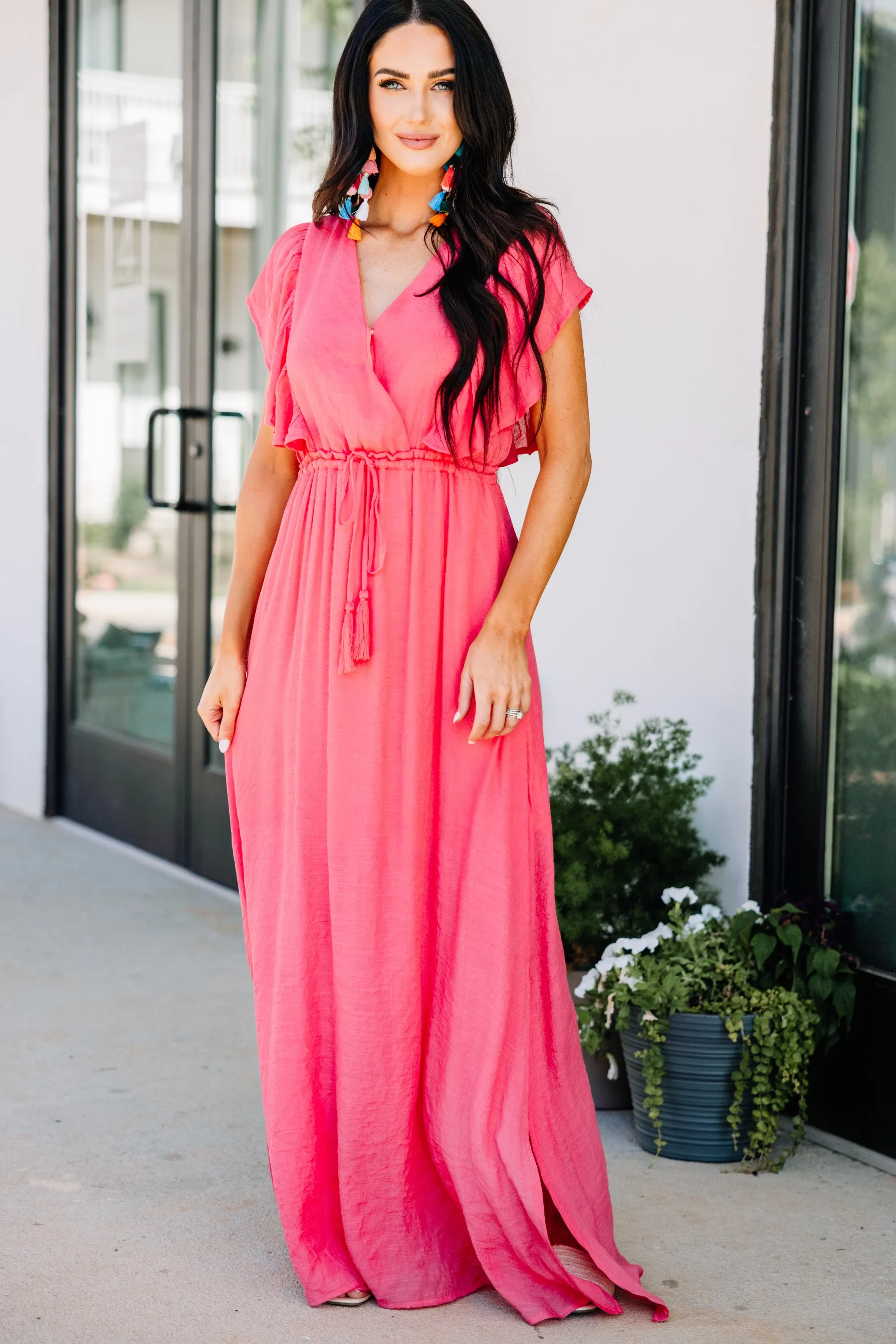 All For Fun Coral Pink Ruffled Maxi Dress