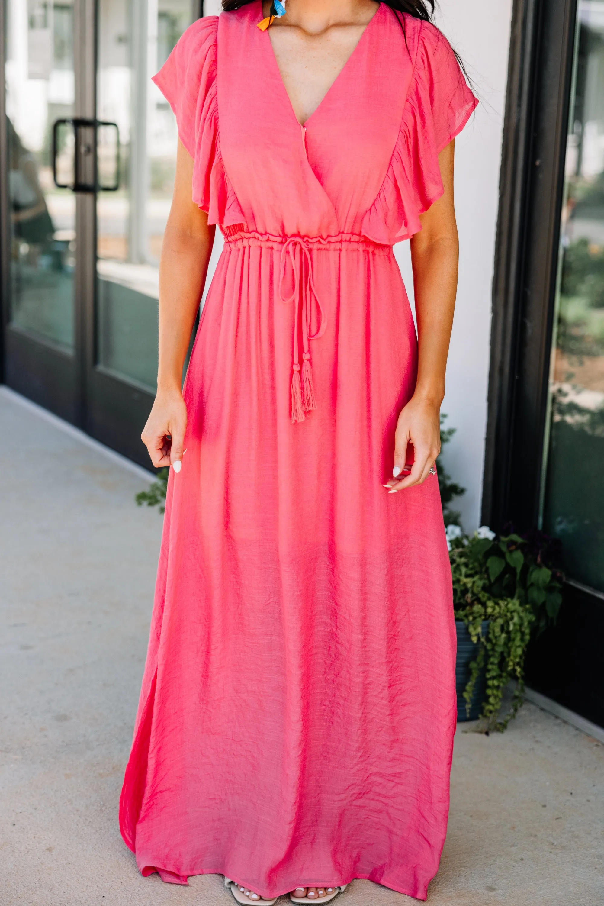 All For Fun Coral Pink Ruffled Maxi Dress