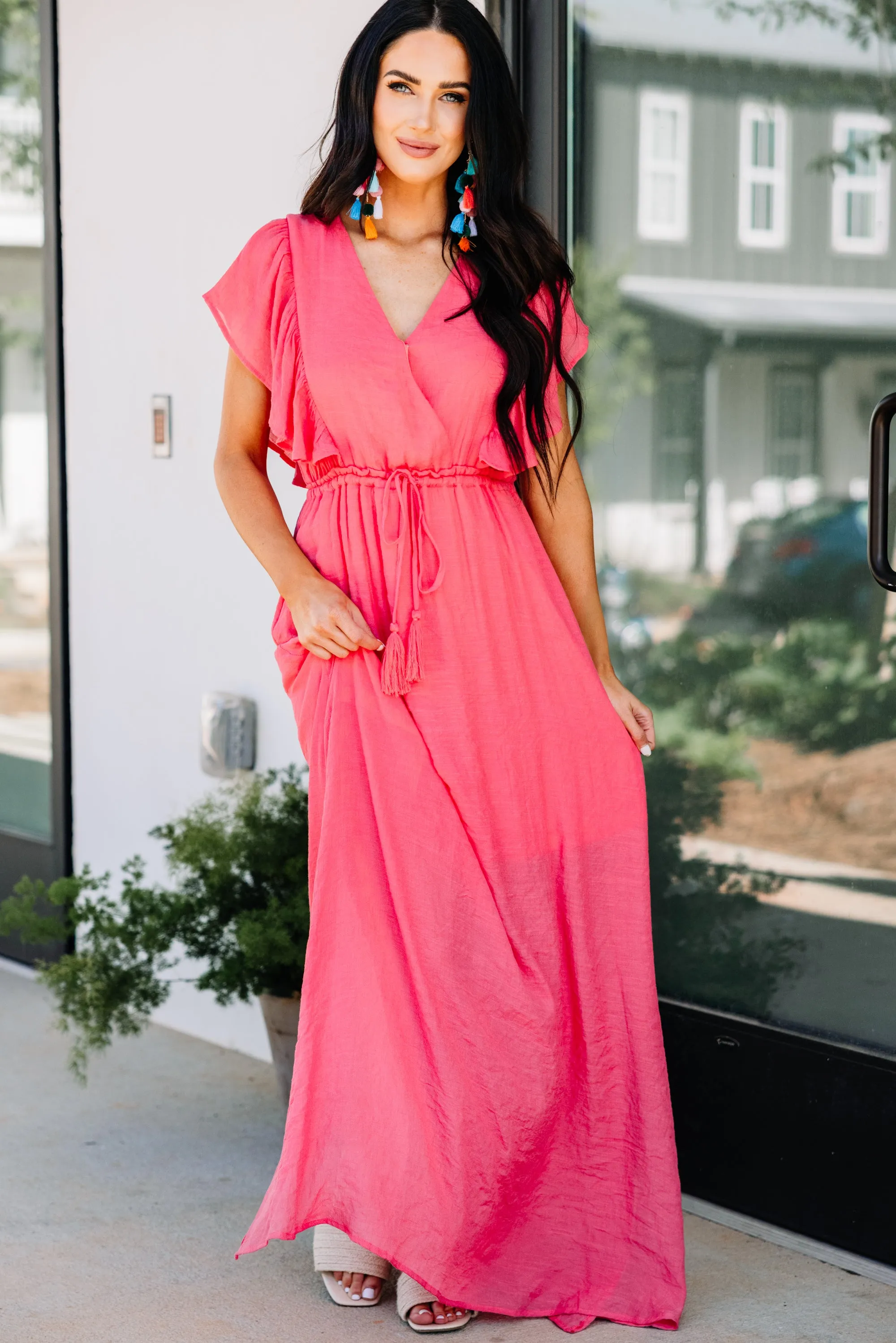 All For Fun Coral Pink Ruffled Maxi Dress