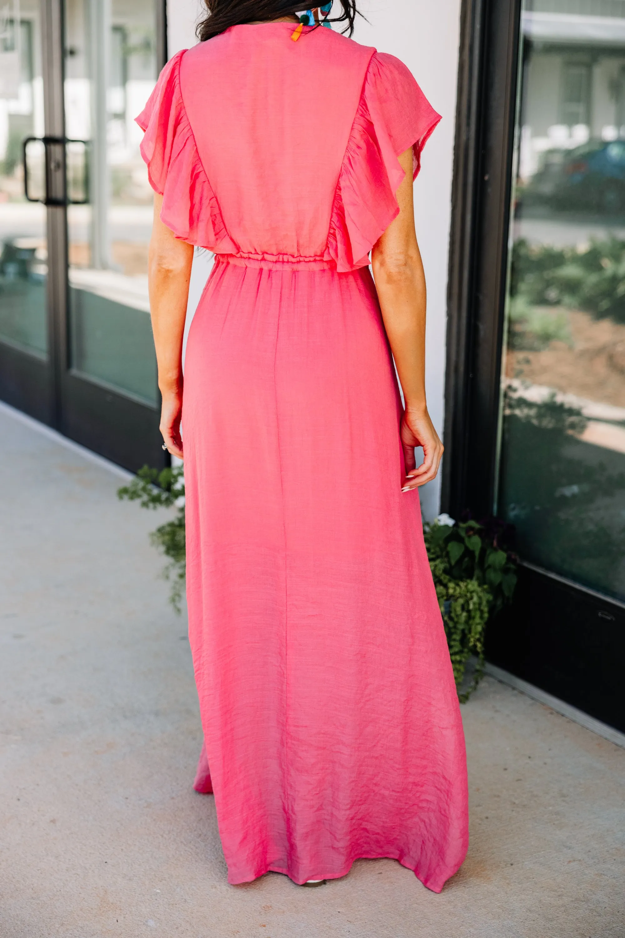 All For Fun Coral Pink Ruffled Maxi Dress