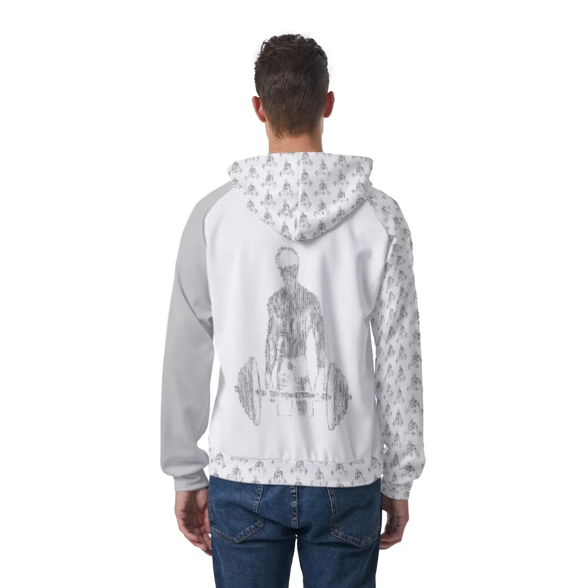 All-Over Print Men's Raglan Pullover Hoodie white/silver with crown, weightlifting theme