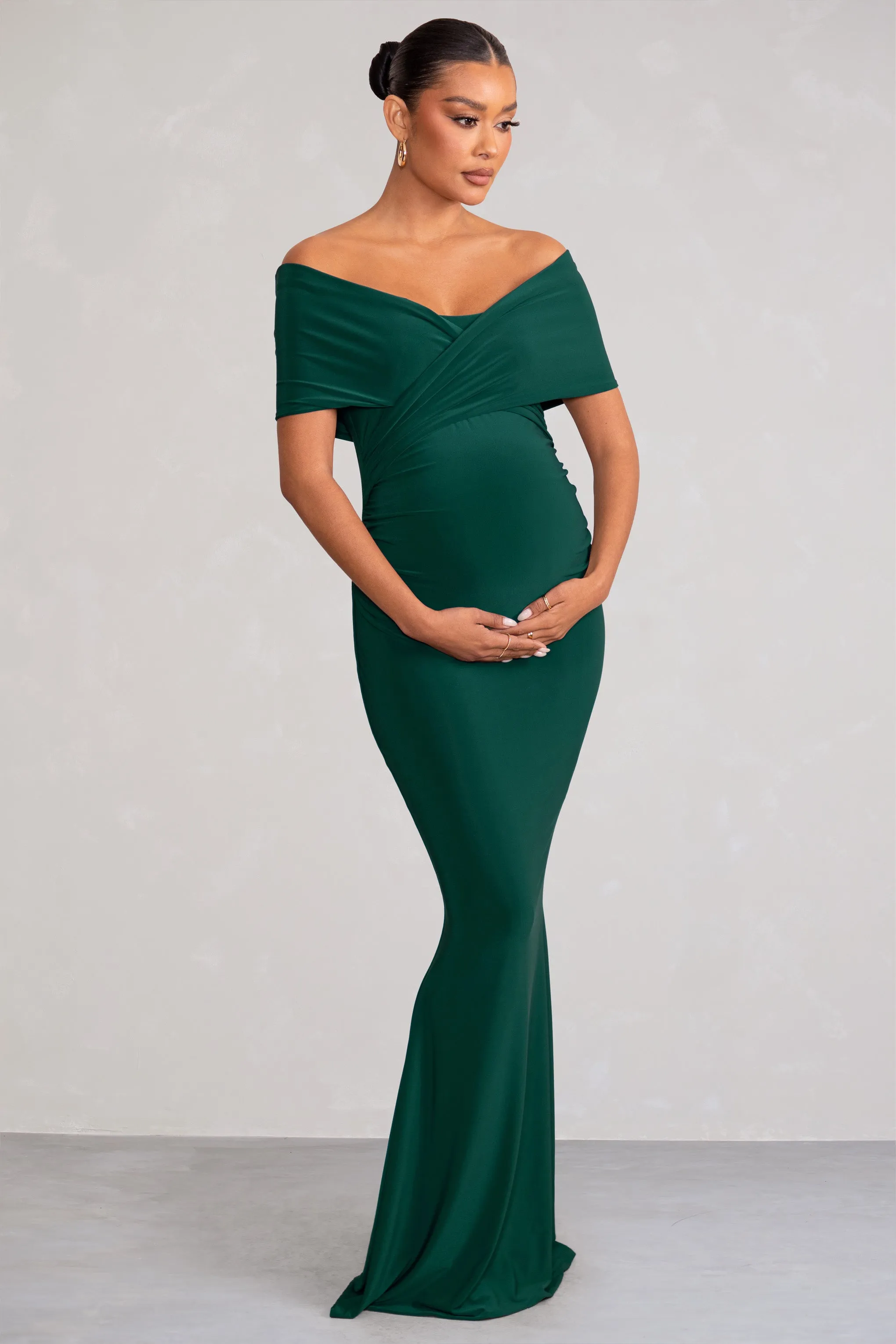 Amal | Bottle Green Bardot Wrap Neckline Maternity Maxi Dress