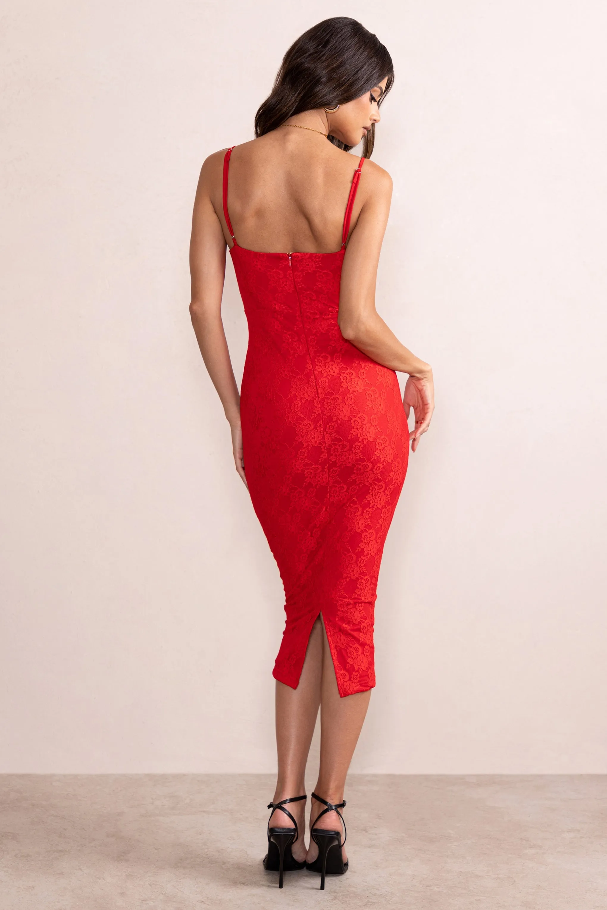 Anele | Red Lace Overlay Corset Midi Dress