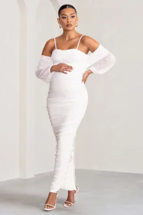 Announcement | White Maternity Ruched Mesh Maxi Dress