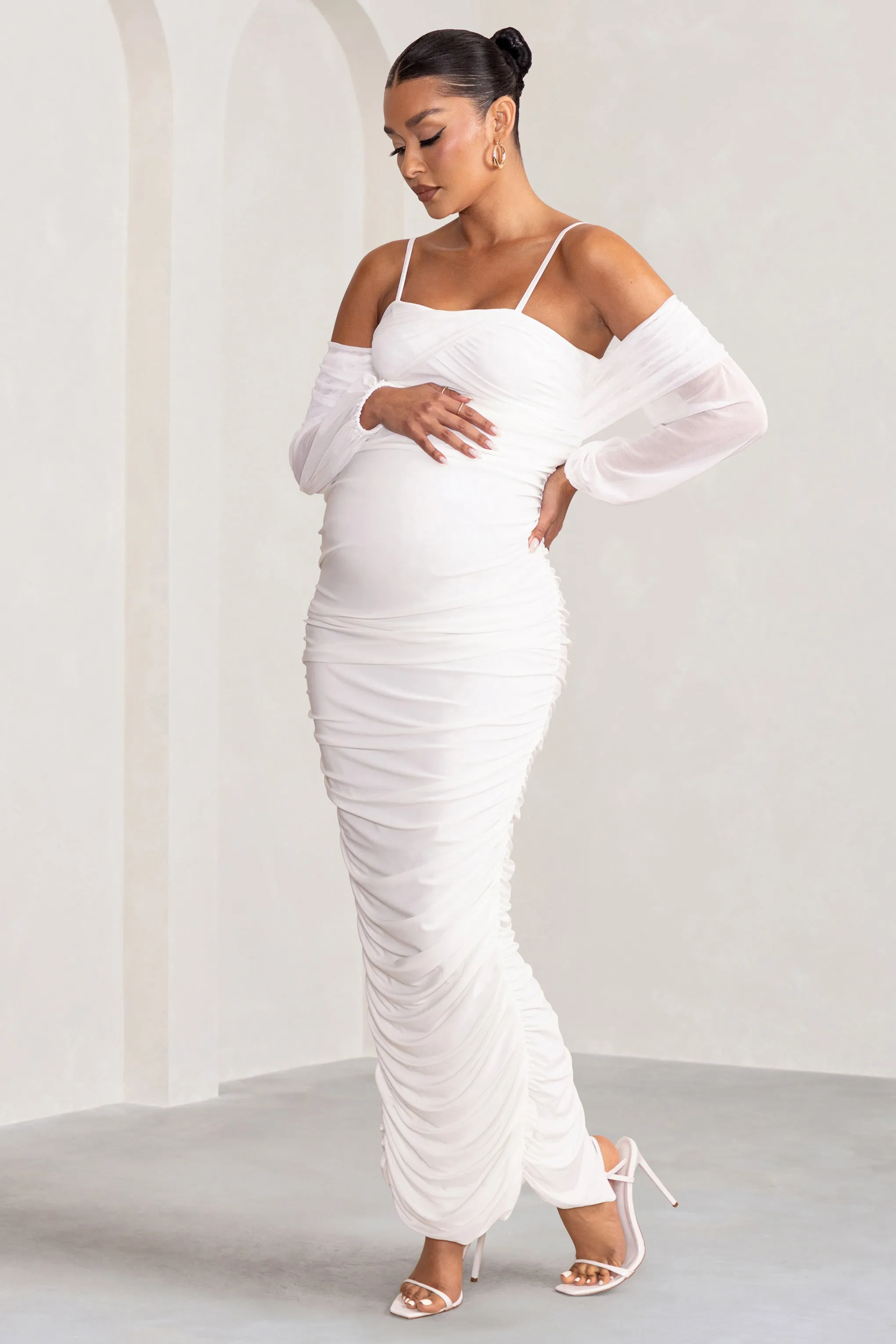 Announcement | White Maternity Ruched Mesh Maxi Dress