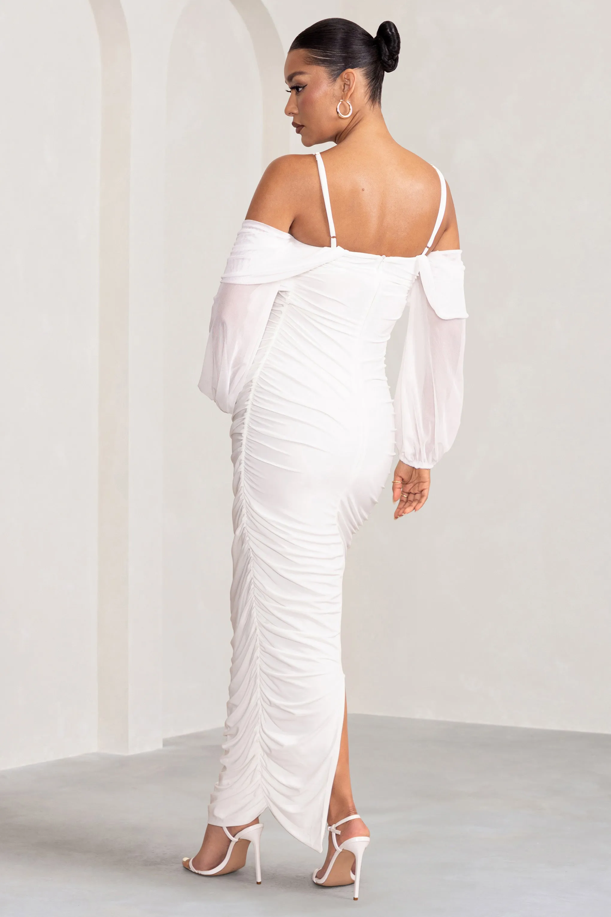 Announcement | White Maternity Ruched Mesh Maxi Dress