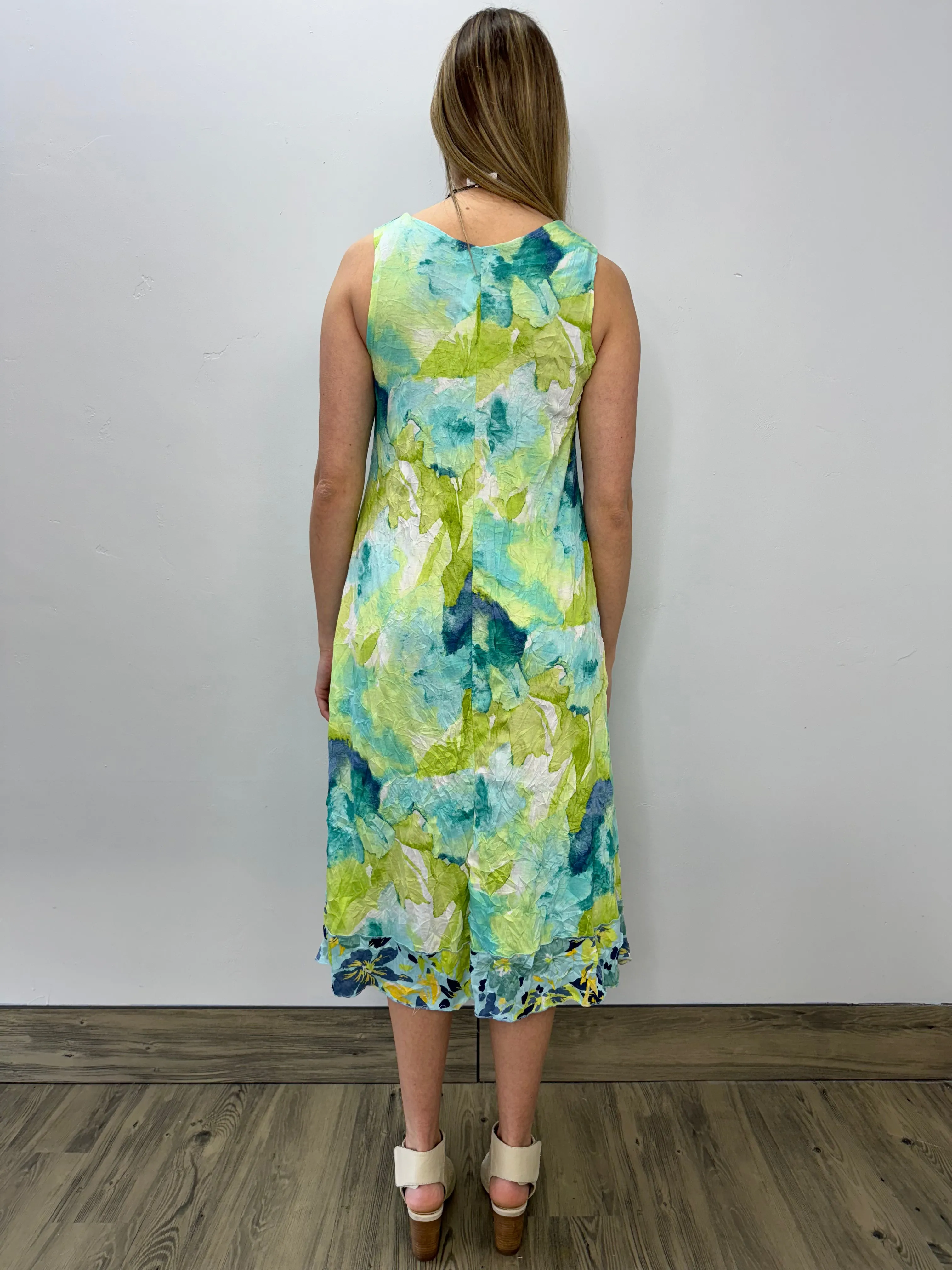 Aqua and Lime Watercolor Crinkle Sleeveless Dress