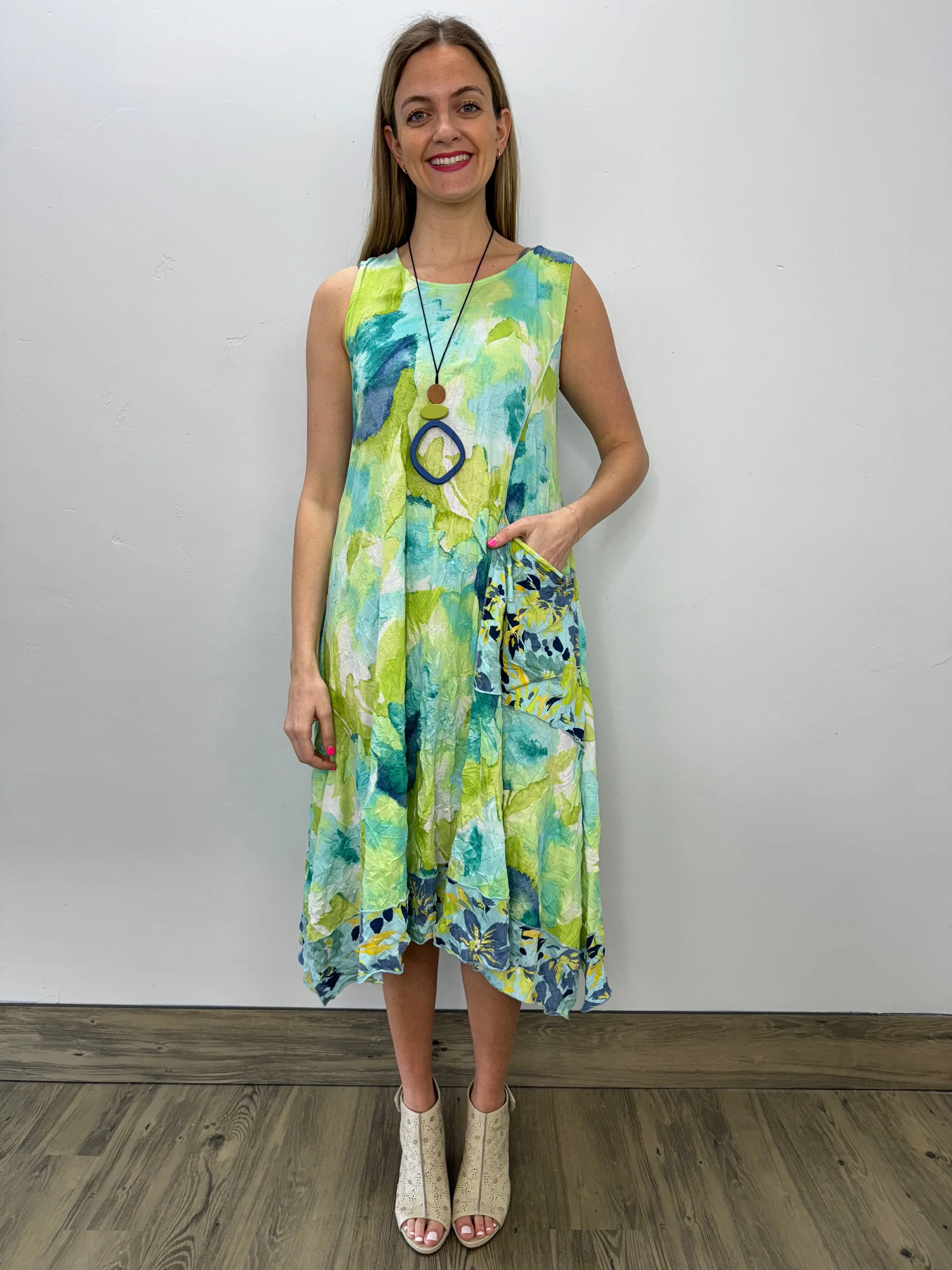 Aqua and Lime Watercolor Crinkle Sleeveless Dress