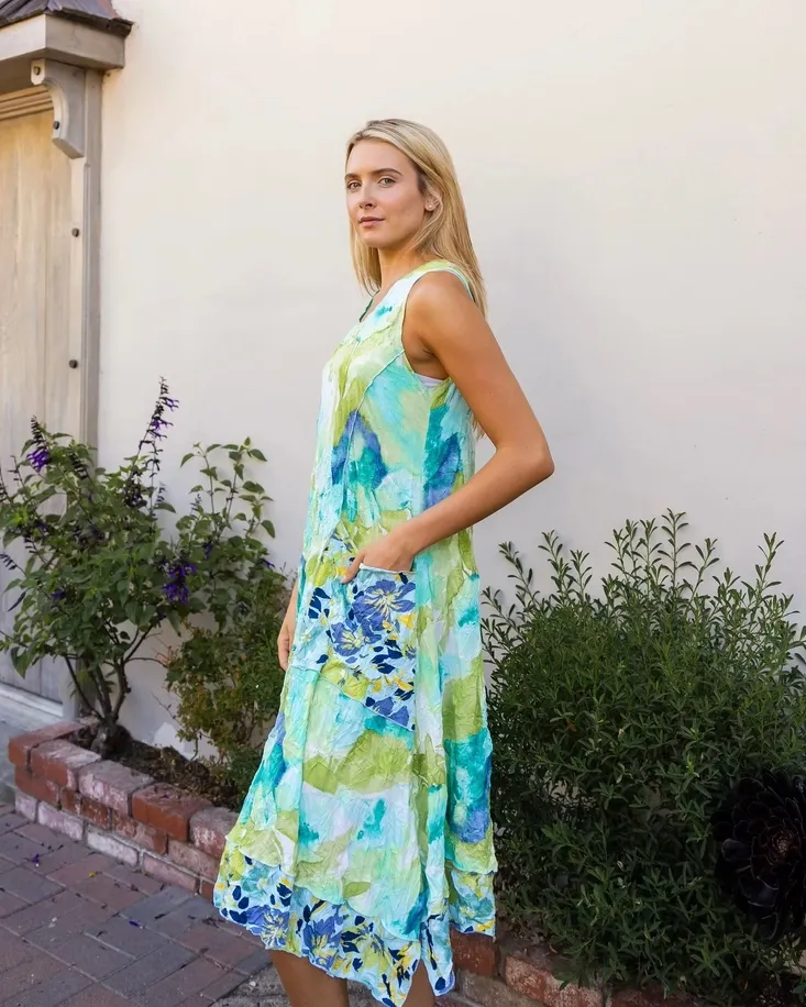 Aqua and Lime Watercolor Crinkle Sleeveless Dress