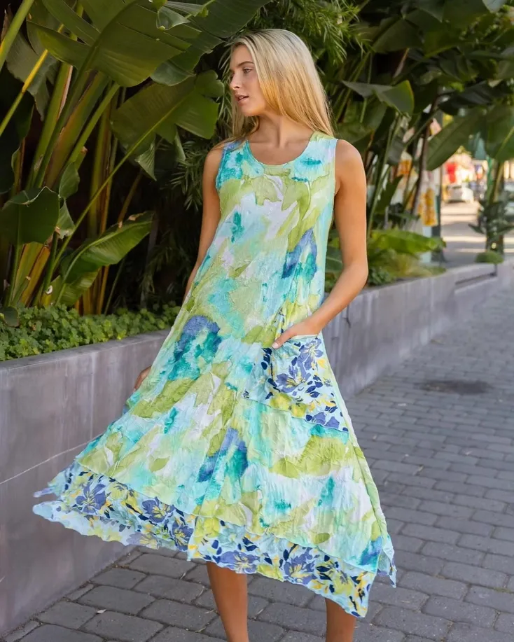 Aqua and Lime Watercolor Crinkle Sleeveless Dress