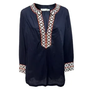 Ariana Embroidered Tunic Designer By Tory Burch In Navy, Size: 6