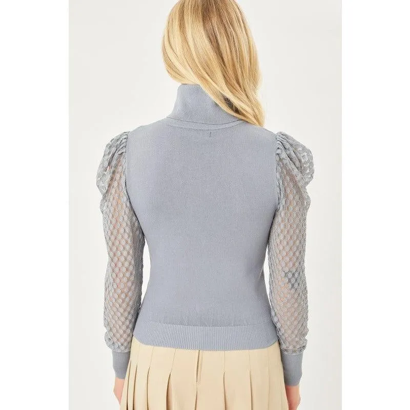 Ash Blue Puff Sleeve Turtle Neck