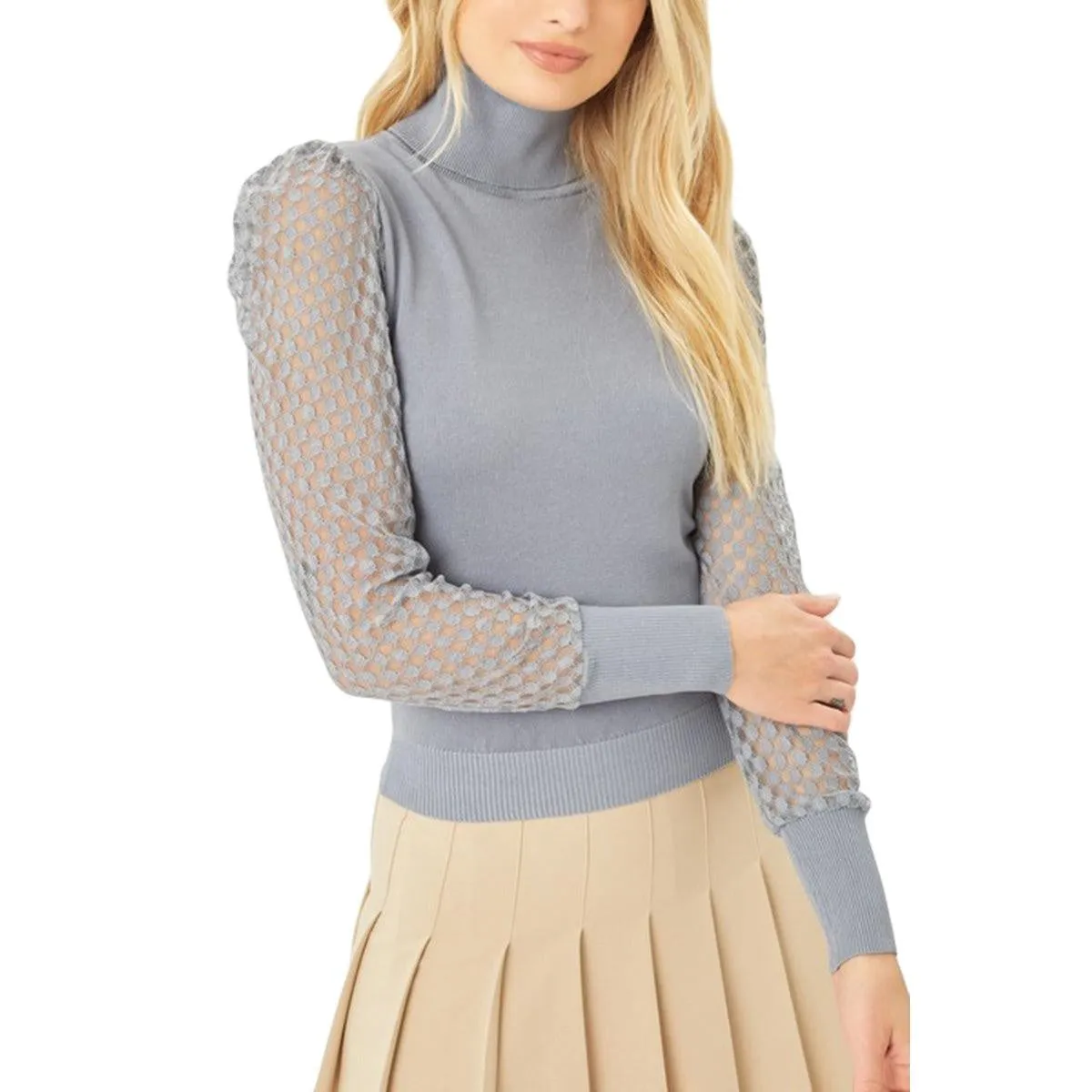 Ash Blue Puff Sleeve Turtle Neck