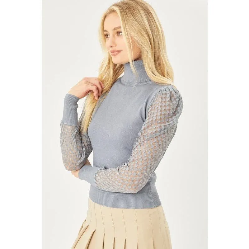 Ash Blue Puff Sleeve Turtle Neck