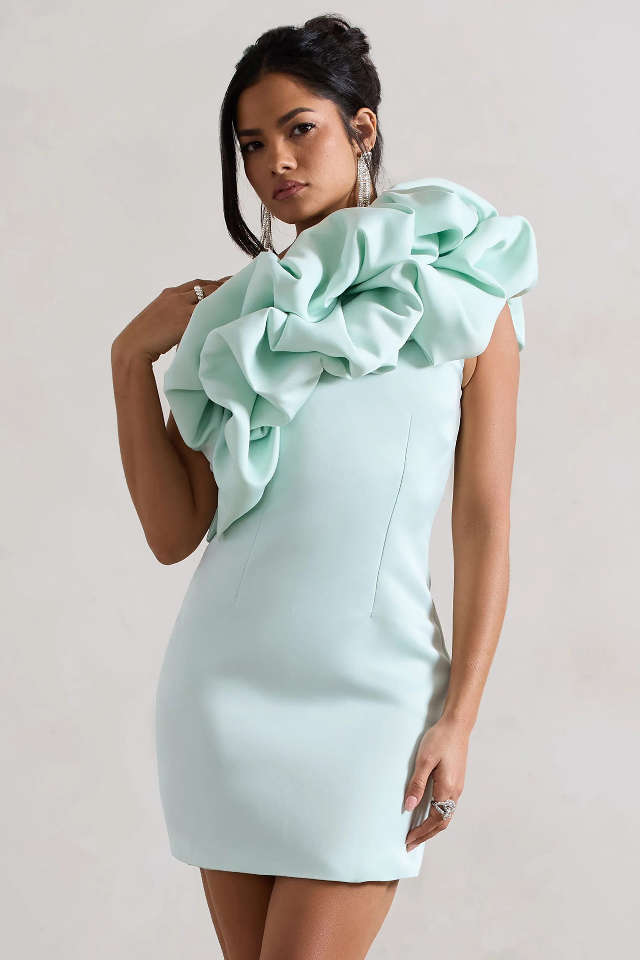 At The Opera | Mint Satin One Shoulder Ruffled Mini Dress