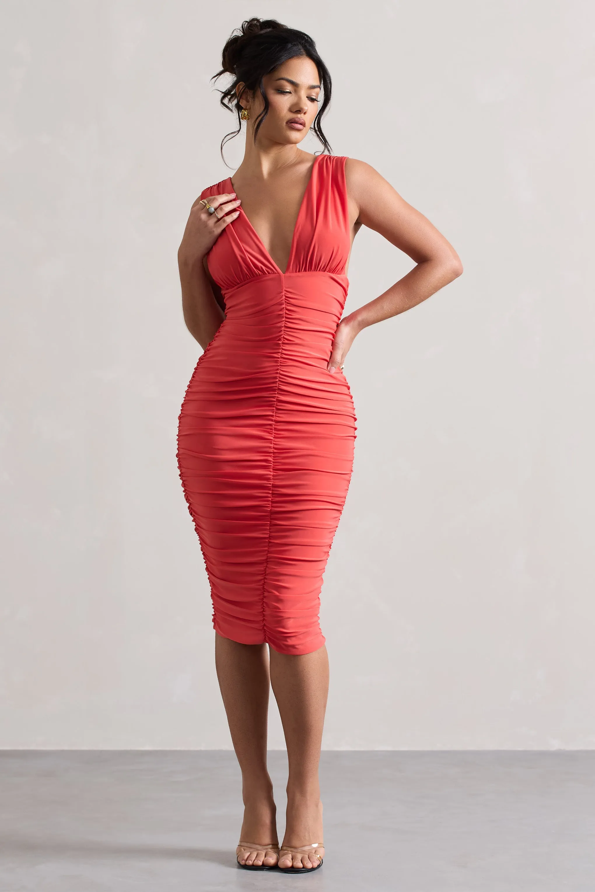 Attract | Coral Ruched Plunge-Neck Midi Dress