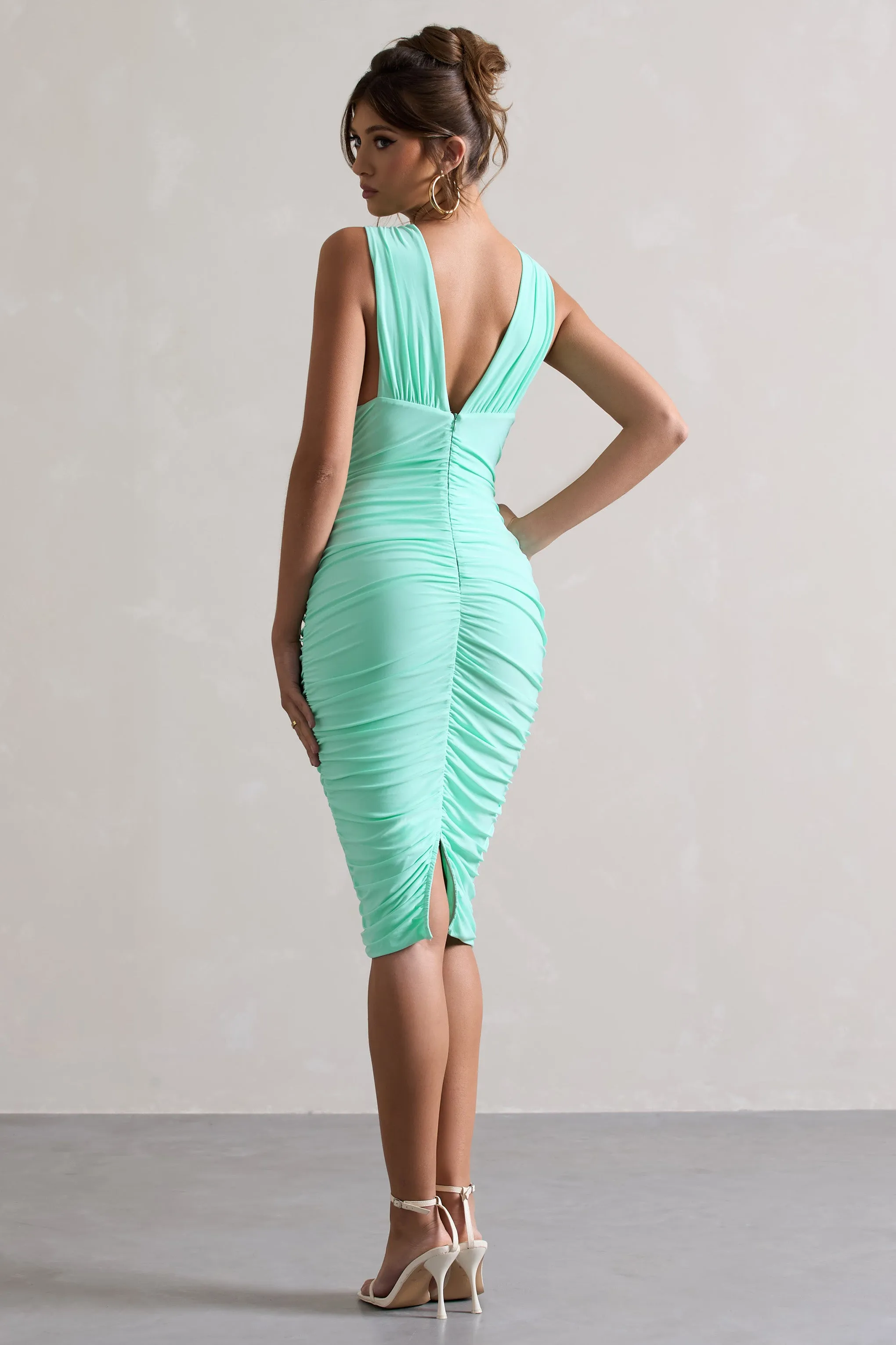 Attract | Mint Ruched Plunge-Neck Midi Dress