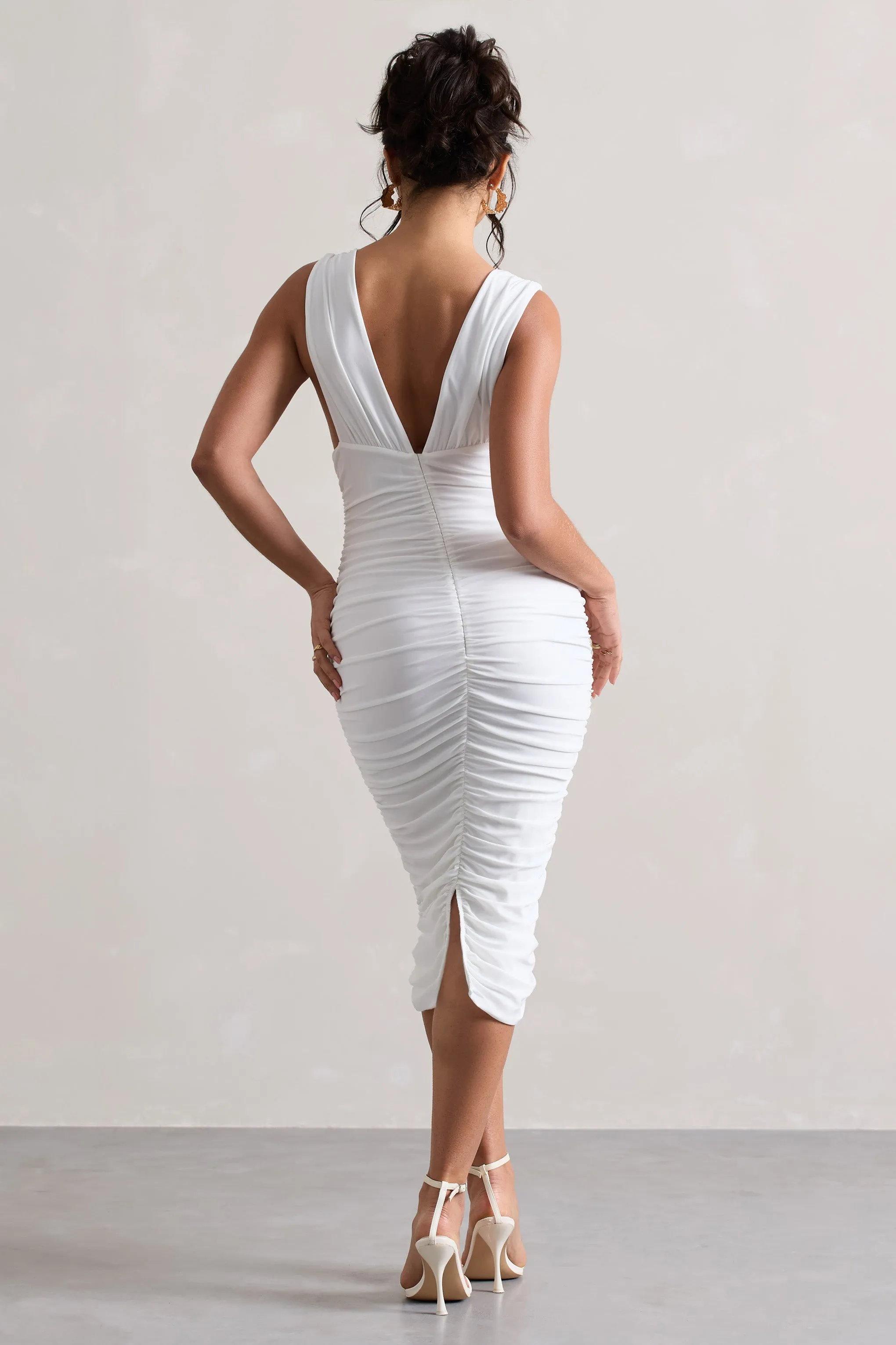 Attract | White Ruched Plunge-Neck Midi Dress