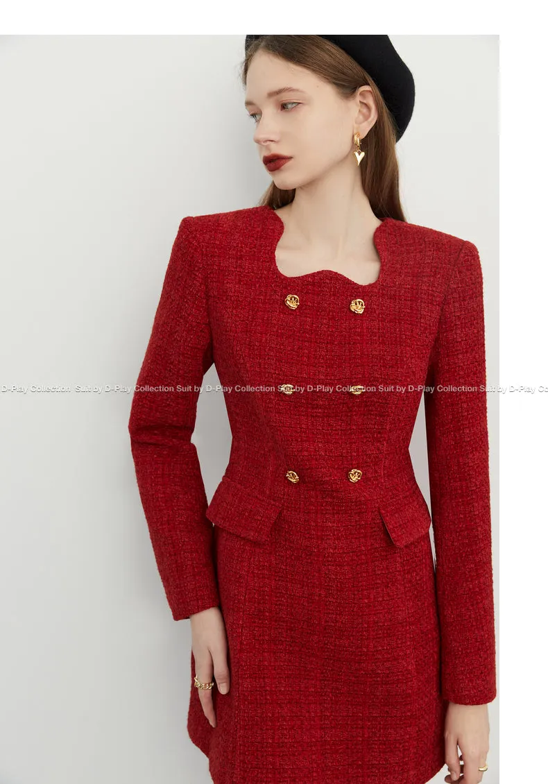 autumn winter  retro jam red irregular lace metal buckle tweed dress