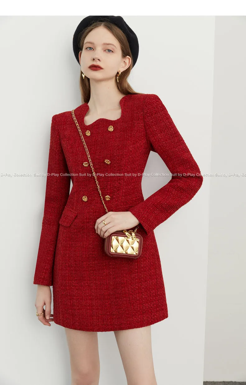 autumn winter  retro jam red irregular lace metal buckle tweed dress