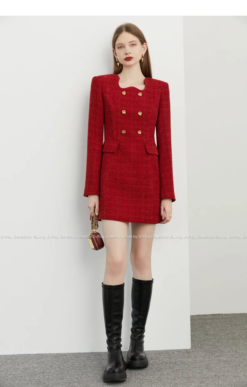 autumn winter  retro jam red irregular lace metal buckle tweed dress