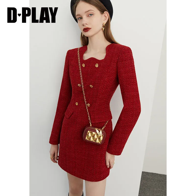 autumn winter  retro jam red irregular lace metal buckle tweed dress