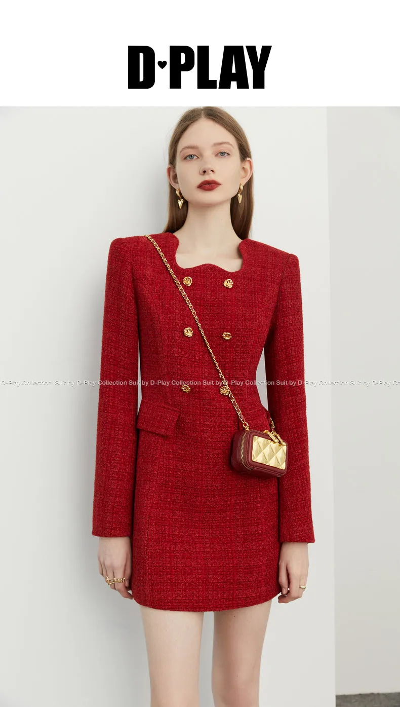 autumn winter  retro jam red irregular lace metal buckle tweed dress