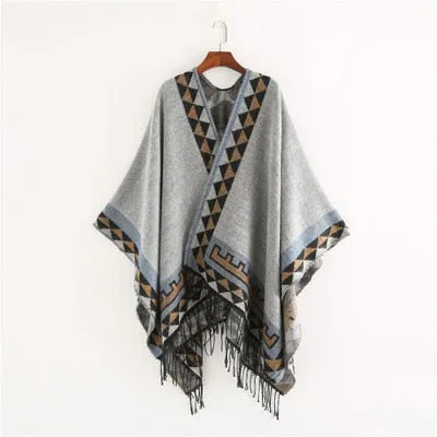 Aztec Ruana Poncho In 10 Different Colors Imitation Cashmere Indian Blanket Scarf Tribal Wrap Terracotta Black Turquoise Charcoal Gray Blue Beige One Size