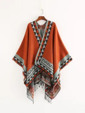 Aztec Ruana Poncho In 10 Different Colors Imitation Cashmere Indian Blanket Scarf Tribal Wrap Terracotta Black Turquoise Charcoal Gray Blue Beige One Size