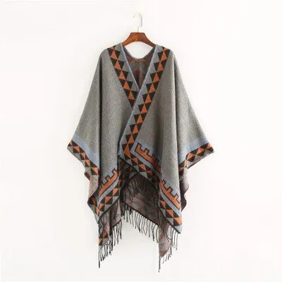 Aztec Ruana Poncho In 10 Different Colors Imitation Cashmere Indian Blanket Scarf Tribal Wrap Terracotta Black Turquoise Charcoal Gray Blue Beige One Size