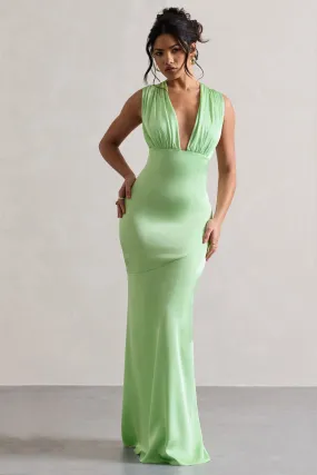 Azzara | Light Green Satin Ruched V-Neck Maxi Dress